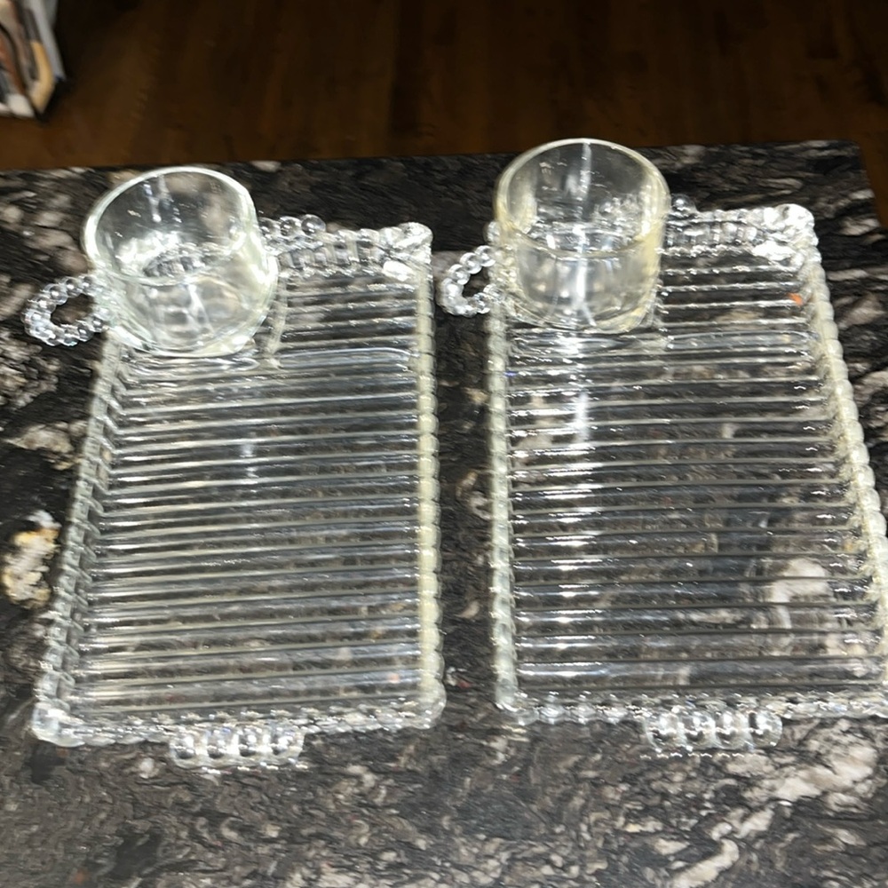 Antique Decorative Clear Glassss Luncheon Plates & Teacups (2 Servings Each)